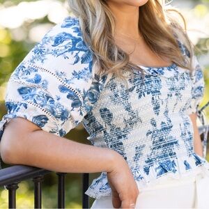 Love Shack Fancy Blue and White Puff Sleeve Top